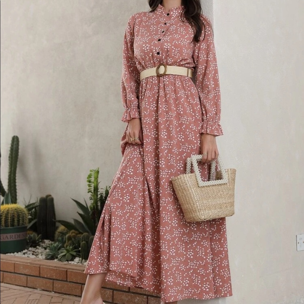 Allover print flounce sleeve shirt dress w/o belt - Picture 4 of 6